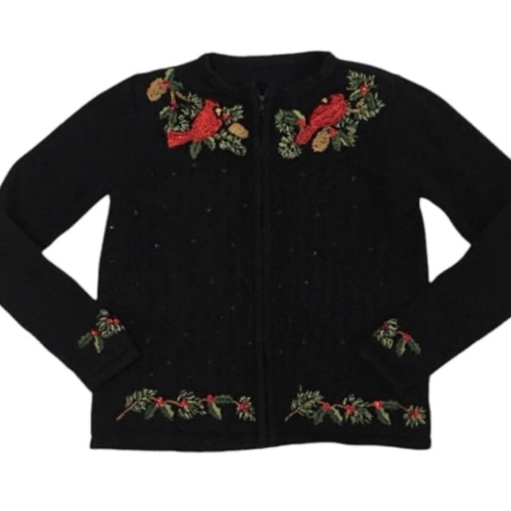 Vintage Christmas Sweater M Cardinal Bird Sequin Embroidered Zip Cardigan - Picture 2 of 8